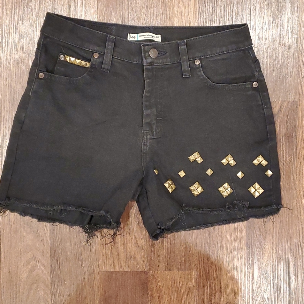 High waisted black jean shorts with studs size 4